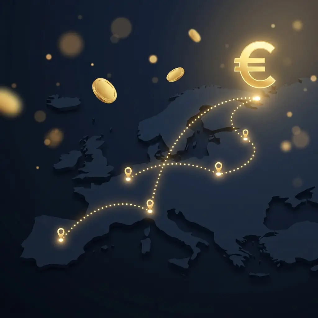 Ilustração de uma rota dourada atravessando o mapa da Europa até um símbolo do euro