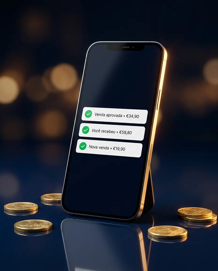 Celular exibindo notificações de vendas aprovadas em euro